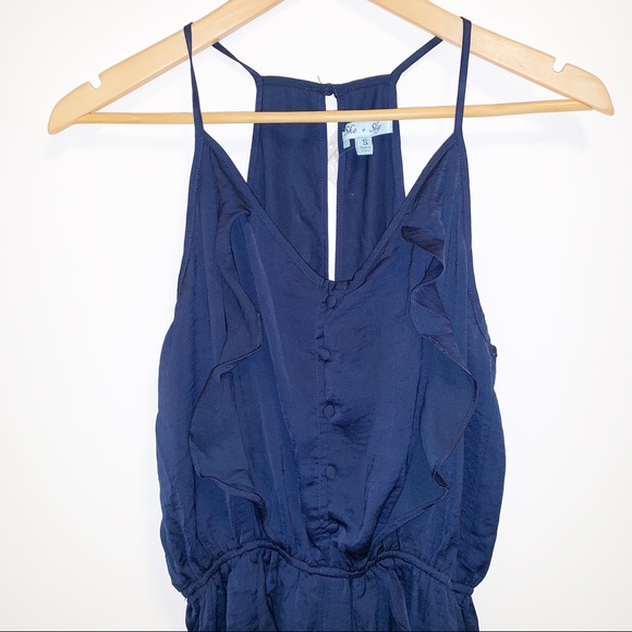 She +Sky "Luna" Satin Button Cami Ruffle Romper-S - Picture 6 of 8